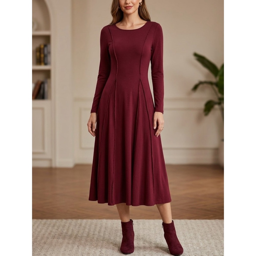 Grace Karin Burgundy Exposed Seam Long Sleeve A-Line Midi Dress M Lagenlook Boho